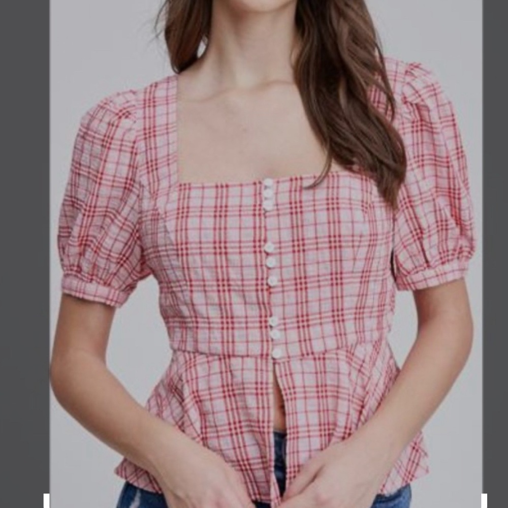 En Saison Square Neck Red Plaid Peplum Puff Sleeve Top - Small